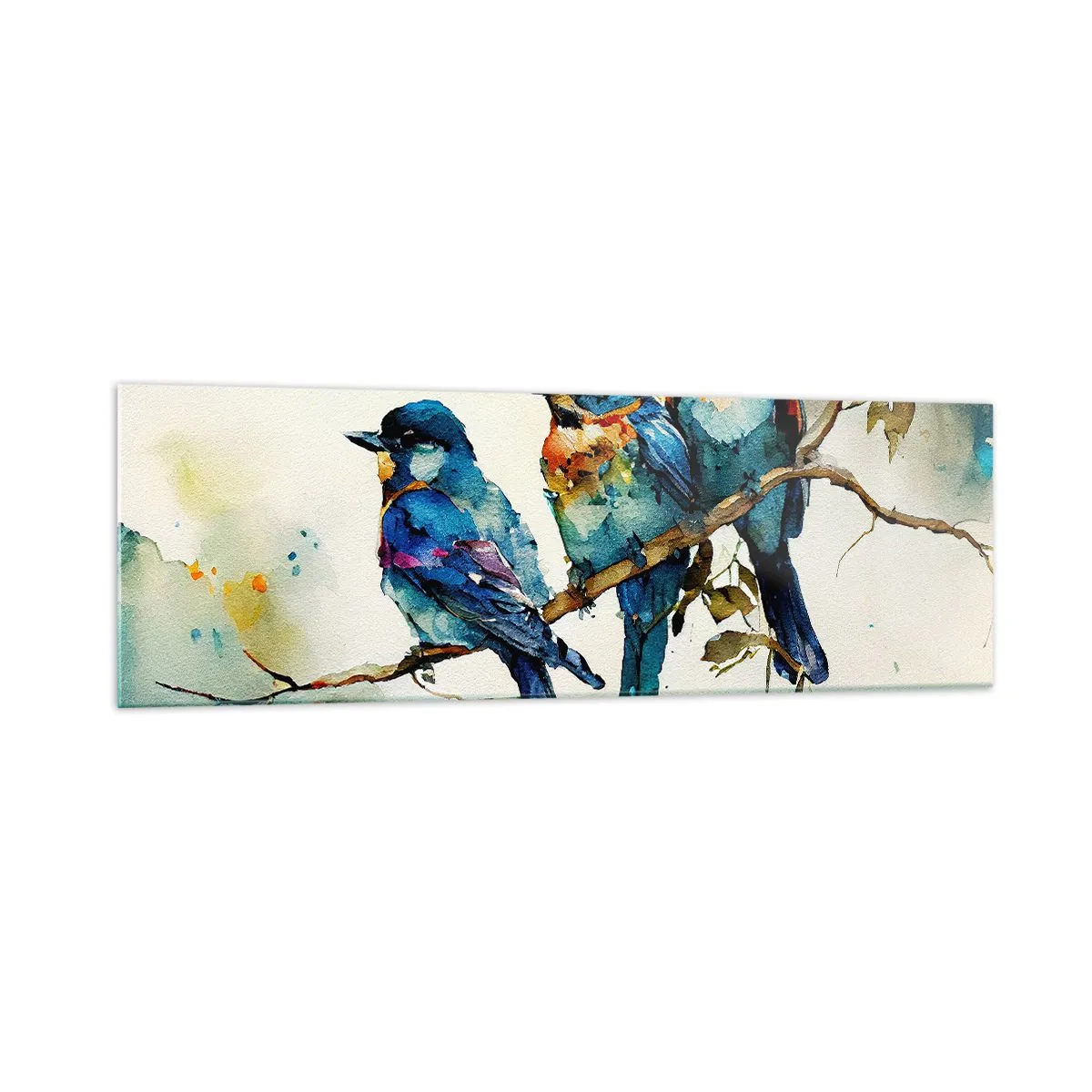 Obraz na szkle - Trzy kolorowe ptaki na gałęzi w akwarelowym stylu - 160x50cm - Obraził się? - Nowoczesna dekoracja ścienna do salonu i sypialni ARTTOR