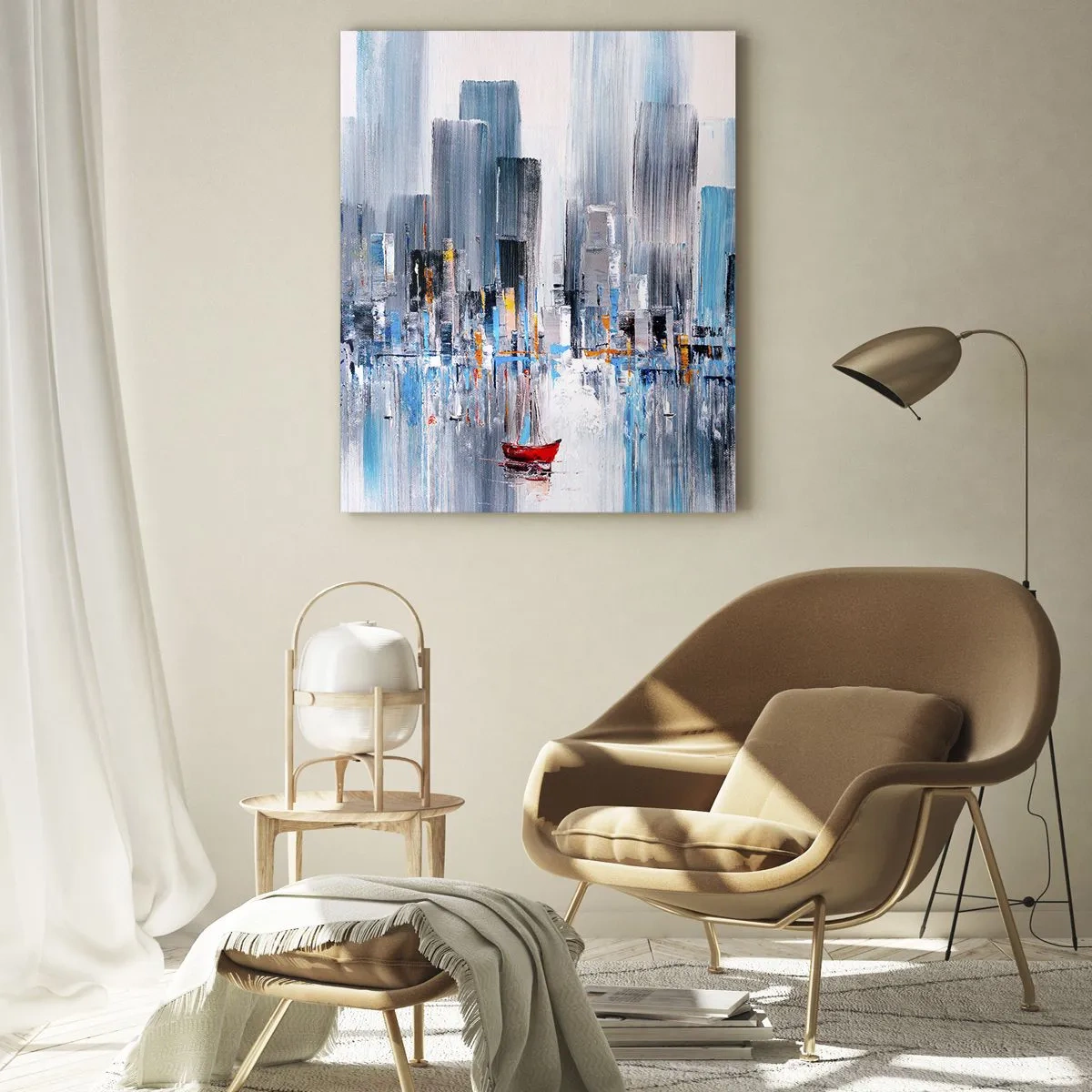 Obraz na szkle - Abstrakcyjna panorama miasta z czerwonym żaglowcem na wodzie - 70x100cm - Metropolia nad zatoką - Nowoczesna dekoracja ścienna do salonu i sypialni ARTTOR