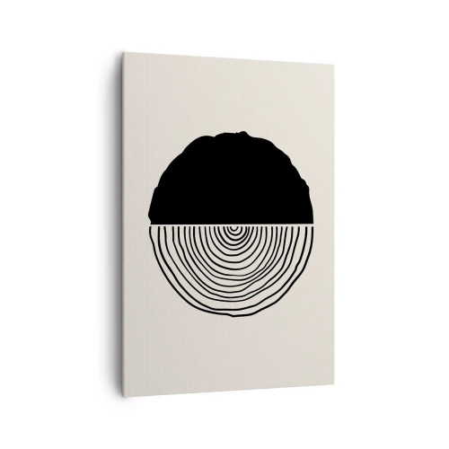 Obraz na płótnie - Abstrakcyjny czarno-biały motyw inspirowany przekrojem drewna z geometrycznym podziałem - 70x100cm - Pół na pół - Nowoczesna dekoracja ścienna do salonu i sypialni ARTTOR