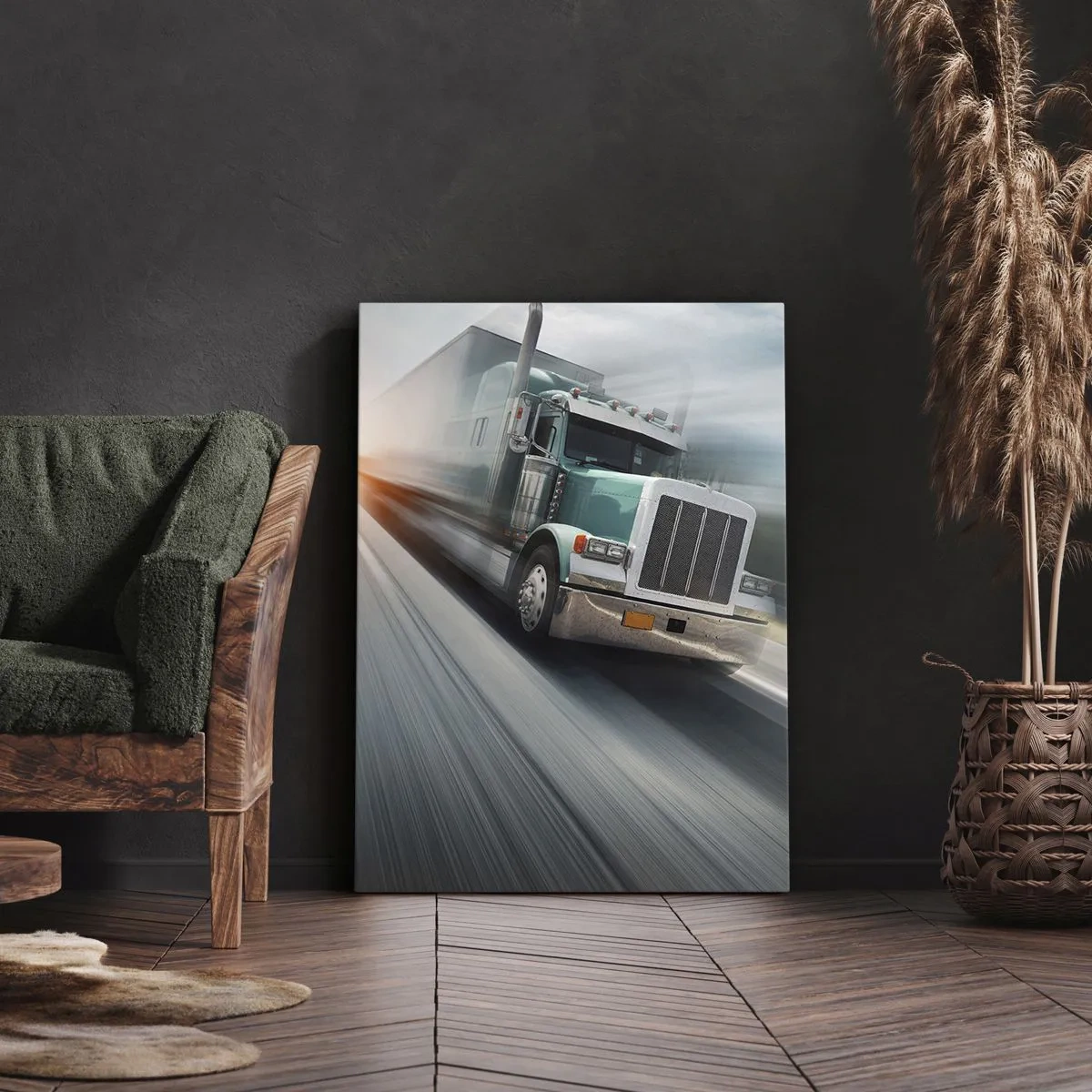 Obraz na płótnie - Ciężarówka na autostradzie w ruchu przy zachodzie słońca - 70x100cm - Amerykański olbrzym w pędzie - Nowoczesna dekoracja ścienna do salonu i sypialni ARTTOR