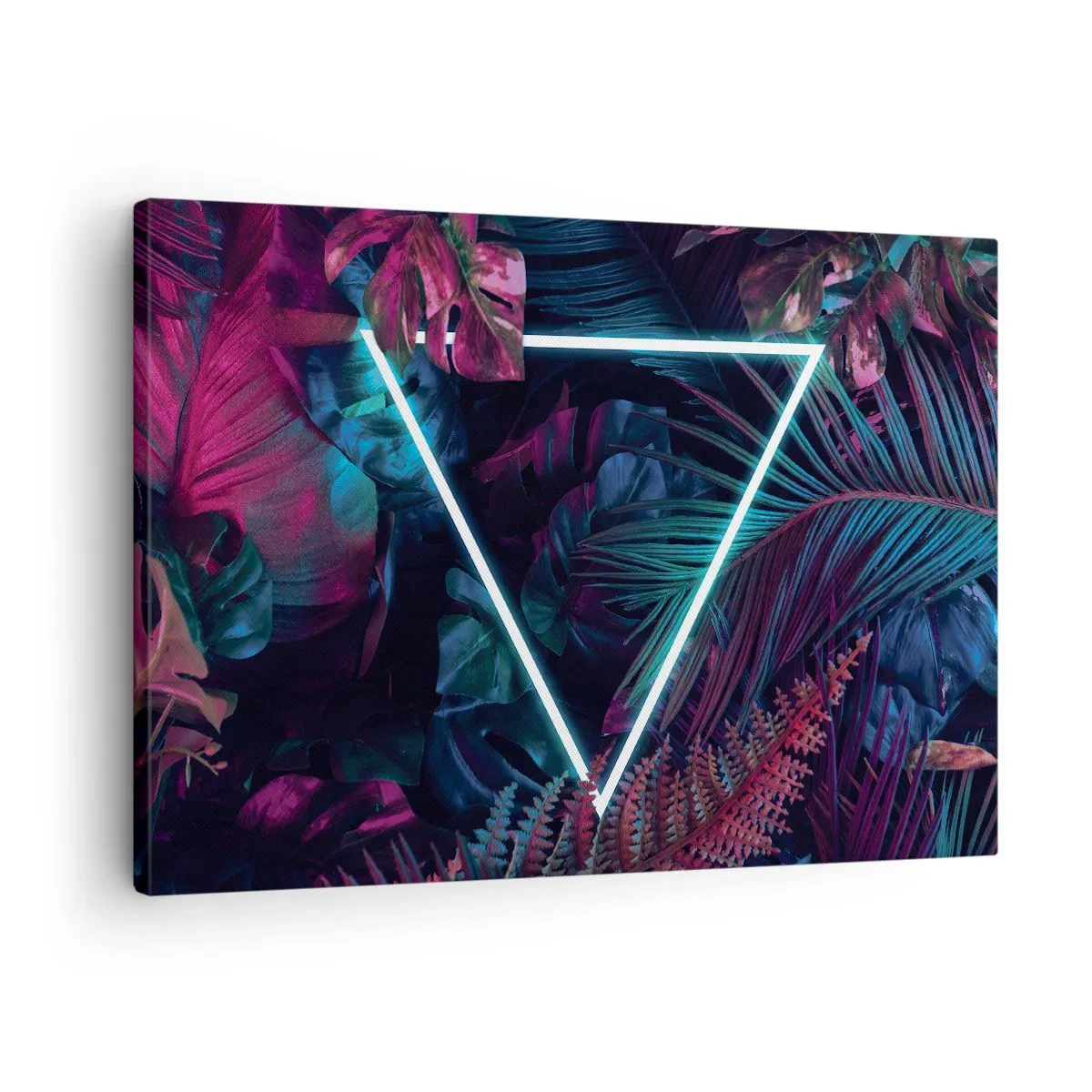Obraz na płótnie - Neonowy trójkąt w otoczeniu tropikalnych liści w ciemnych barwach - 70x50cm - Ogród w stylu disco - Nowoczesna dekoracja ścienna do salonu i sypialni ARTTOR