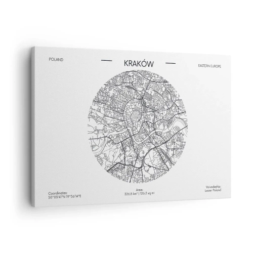Obraz na płótnie - Mapa Krakowa w minimalistycznym stylu - 70x50cm - Anatomia Krakowa - Nowoczesna dekoracja ścienna do salonu i sypialni ARTTOR