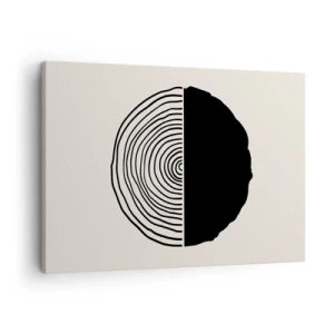 Obraz na płótnie - Abstrakcyjny czarno-biały motyw inspirowany przekrojem drewna z geometrycznym podziałem - 70x50cm - Pół na pół - Nowoczesna dekoracja ścienna do salonu i sypialni ARTTOR