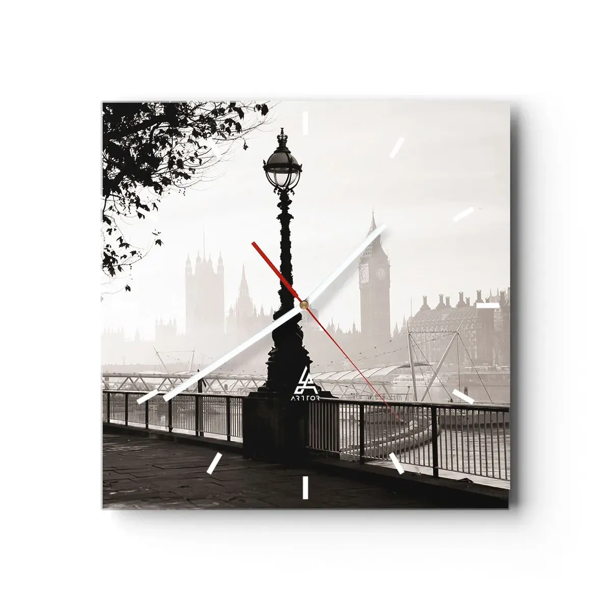 Zegar ścienny - Monochromatyczny widok na Big Ben i Tamizę - 30x30cm - Londyński poranek - Nowoczesna dekoracja ścienna do salonu i sypialni ARTTOR