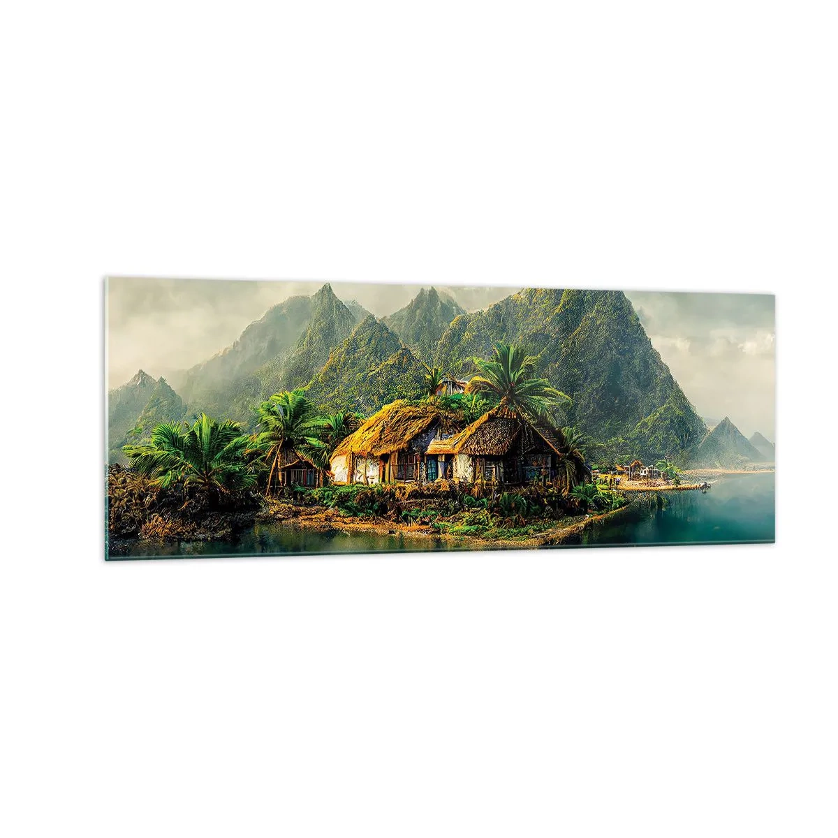 Obraz na szkle - Tropikalna wyspa z palmami i górami w tle - 140x50cm - Tropikalny raj - Nowoczesna dekoracja ścienna do salonu i sypialni ARTTOR