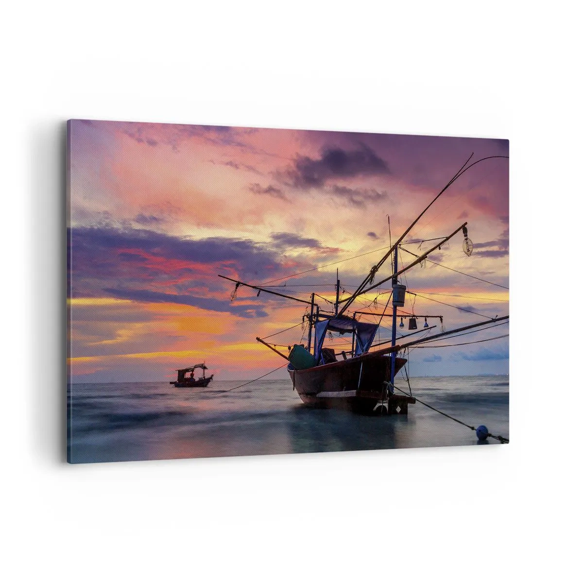 Obraz na płótnie - Łódź rybacka na tle kolorowego zachodu słońca - 100x70cm - Egzotyczny wieczór - Nowoczesna dekoracja ścienna do salonu, kuchni i sypialni ARTTOR