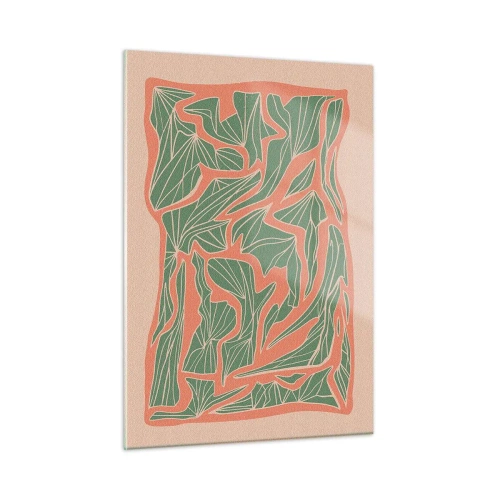 Obraz na szkle - Zielone liściaste formy otoczone koralową ramą na beżowym tle - 50x70cm - Zmagania koralu i zieleni - Nowoczesna dekoracja ścienna do salonu, kuchni i sypialni ARTTOR