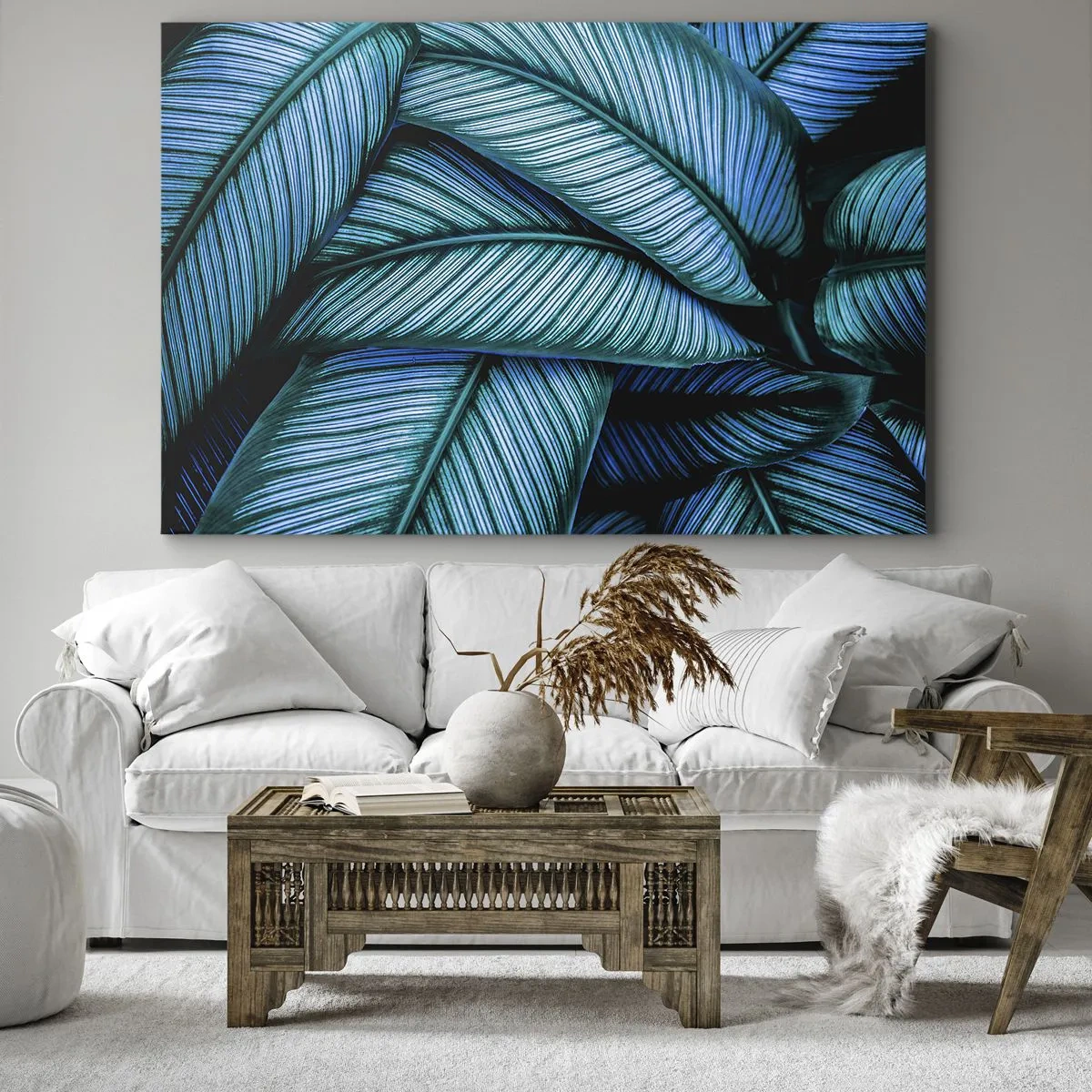 Obraz na płótnie - Bliskie ujęcie turkusowych liści o wyrazistych detalach - 70x50cm - Linie życia - Nowoczesna dekoracja ścienna do salonu i sypialni ARTTOR