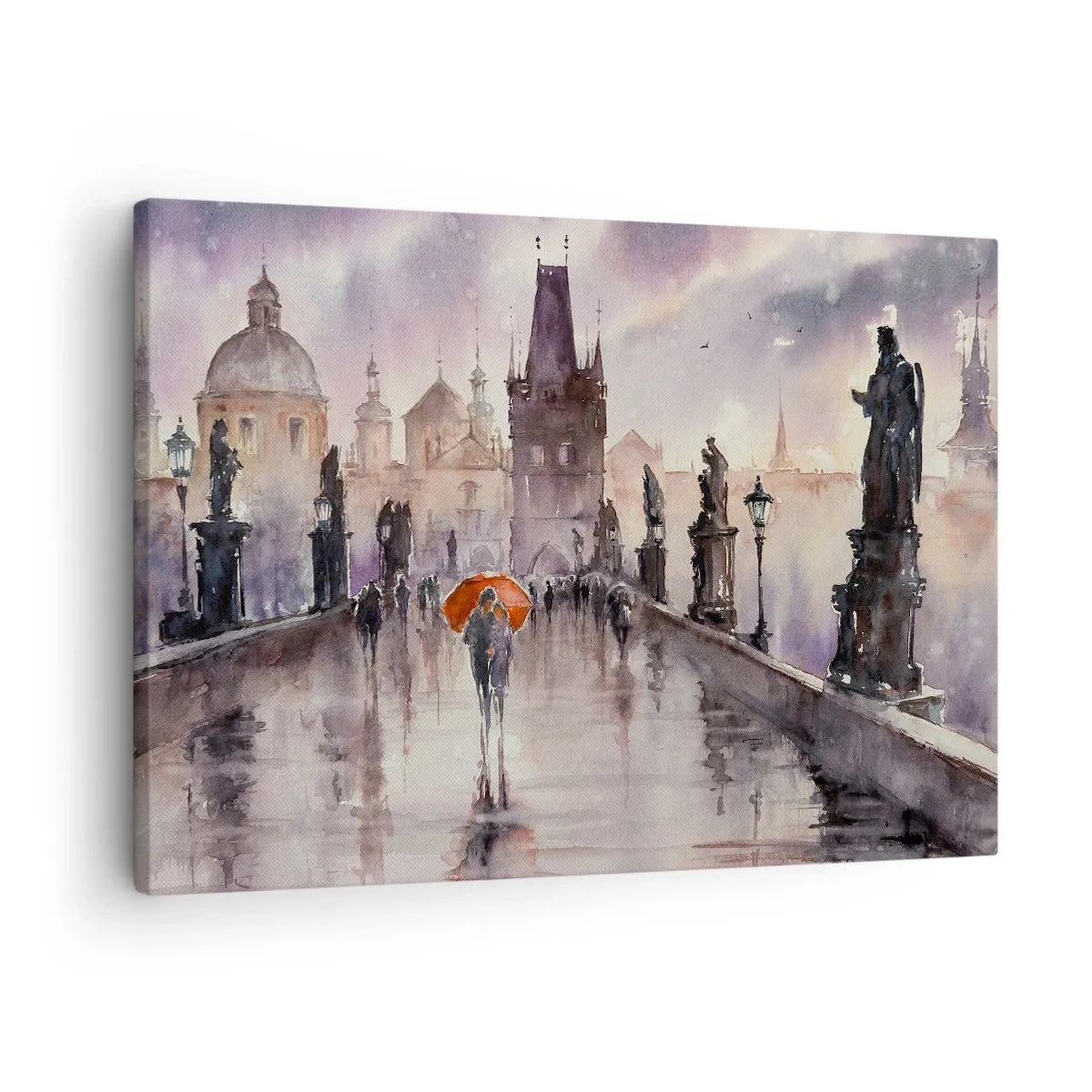 Obraz na płótnie - Romantyczny widok mostu z parasolem na tle wieczornego miasta - 70x50cm - Ludzie się nie zmieniają - Nowoczesna dekoracja ścienna do salonu i sypialni ARTTOR