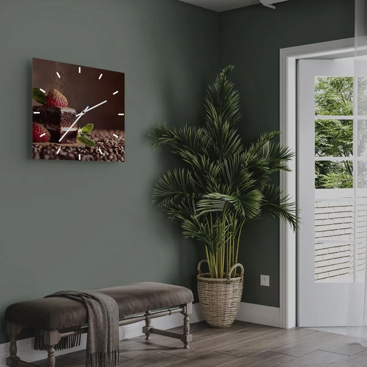 Zegar ścienny - Czekoladowe ciasto z malinami i miętą na tle ziaren kakao - 30x30cm - Życie jest słodkie - Nowoczesna dekoracja ścienna do salonu i sypialni ARTTOR