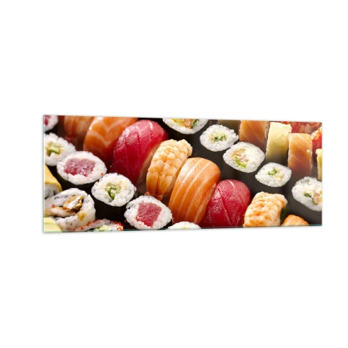 Obraz na szkle - Kolorowe sushi ułożone w rzędy z różnorodnymi dodatkami - 140x50cm - Barwy i smaki Azji - Nowoczesna dekoracja ścienna do salonu i sypialni ARTTOR