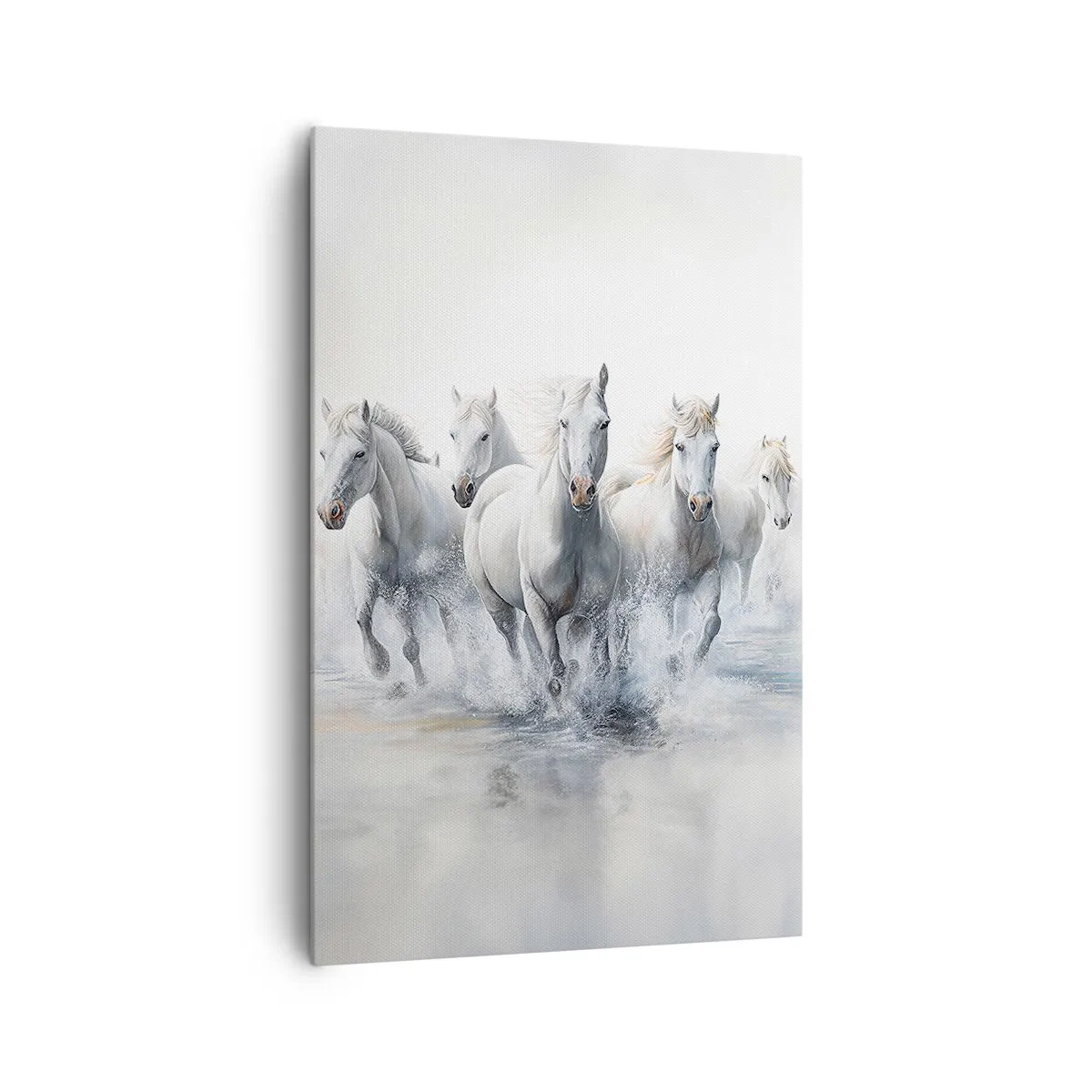 Obraz na płótnie - Białe konie galopujące przez wodę - 80x120cm - Biała magia - Nowoczesna dekoracja ścienna do salonu i sypialni ARTTOR