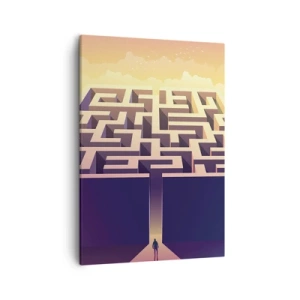 Obraz na płótnie - Samotna postać stojąca przed wejściem do ogromnego labiryntu w złotym świetle - 50x70cm - Czas decyzji - Nowoczesna dekoracja ścienna do salonu, kuchni i sypialni ARTTOR