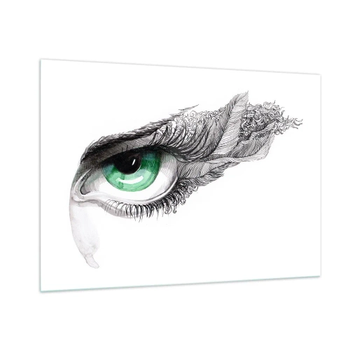Obraz na szkle - Zielone oko z detalami piór i abstrakcyjnymi wzorami - 100x70cm - Piękna i gotowa do ataku - Nowoczesna dekoracja ścienna do salonu, kuchni i sypialni ARTTOR