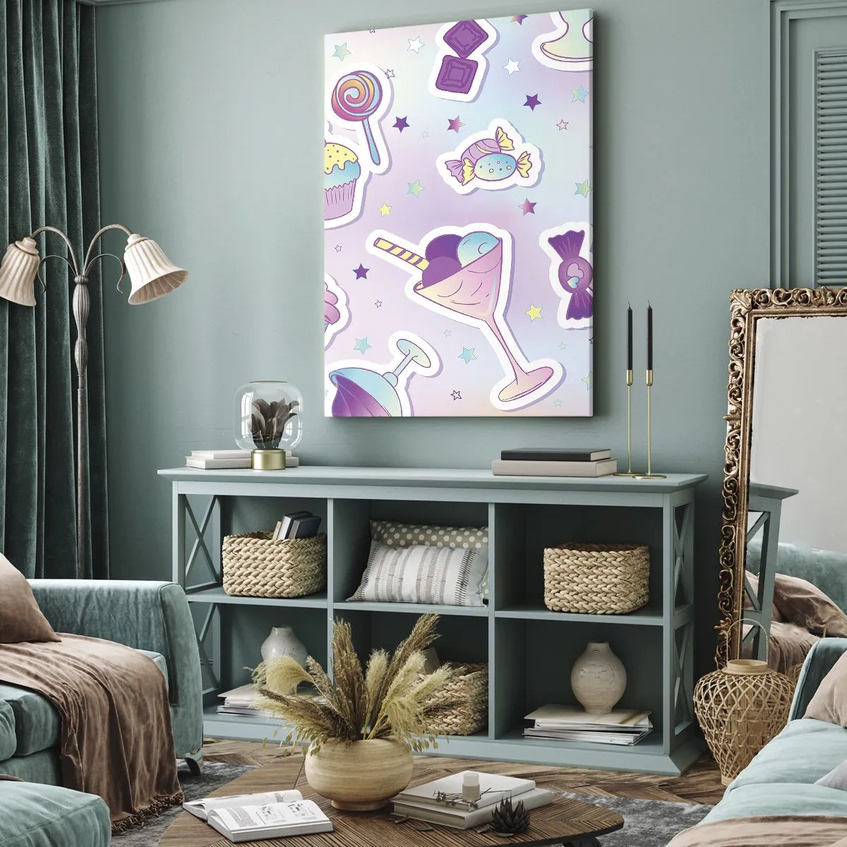 Obraz na płótnie - Pastelowy wzór ze słodyczami i deserami - 50x70cm - Żeby codziennie były urodziny - Nowoczesna dekoracja ścienna do salonu, kuchni i sypialni ARTTOR