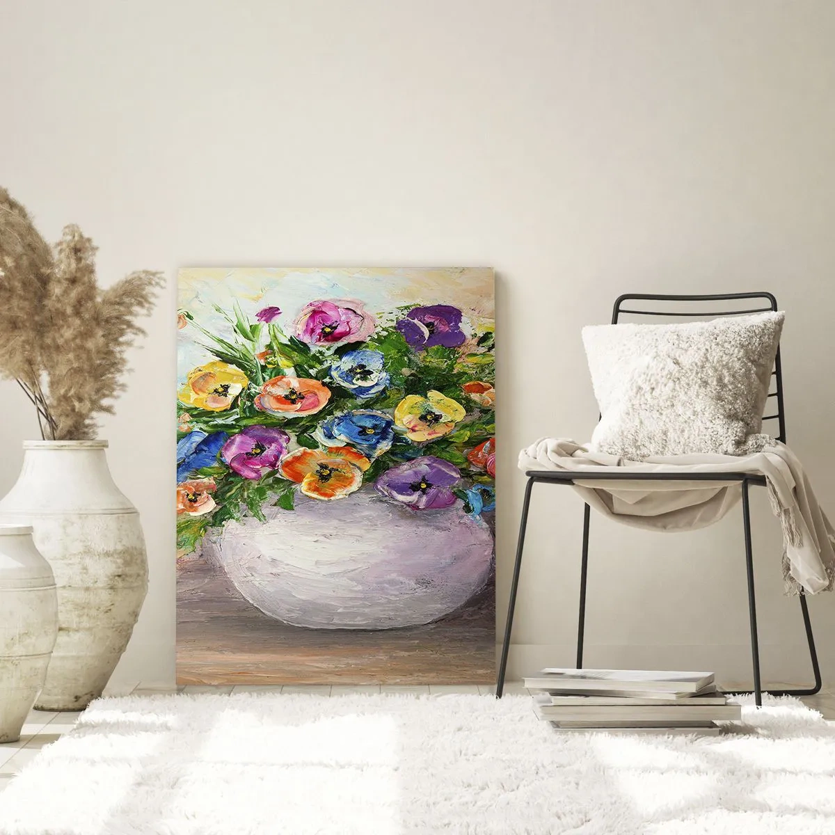 Obraz na szkle - Bukiet kolorowych kwiatów w białym wazonie - 50x70cm - Martwa natura z białym wazonem - Nowoczesna dekoracja ścienna do salonu, kuchni i sypialni ARTTOR