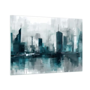 Obraz na szkle - Nowoczesne miasto w odcieniach niebieskiego i szarości - 100x70cm - Miasto w kolorze deszczu - Nowoczesna dekoracja ścienna do salonu, kuchni i sypialni ARTTOR