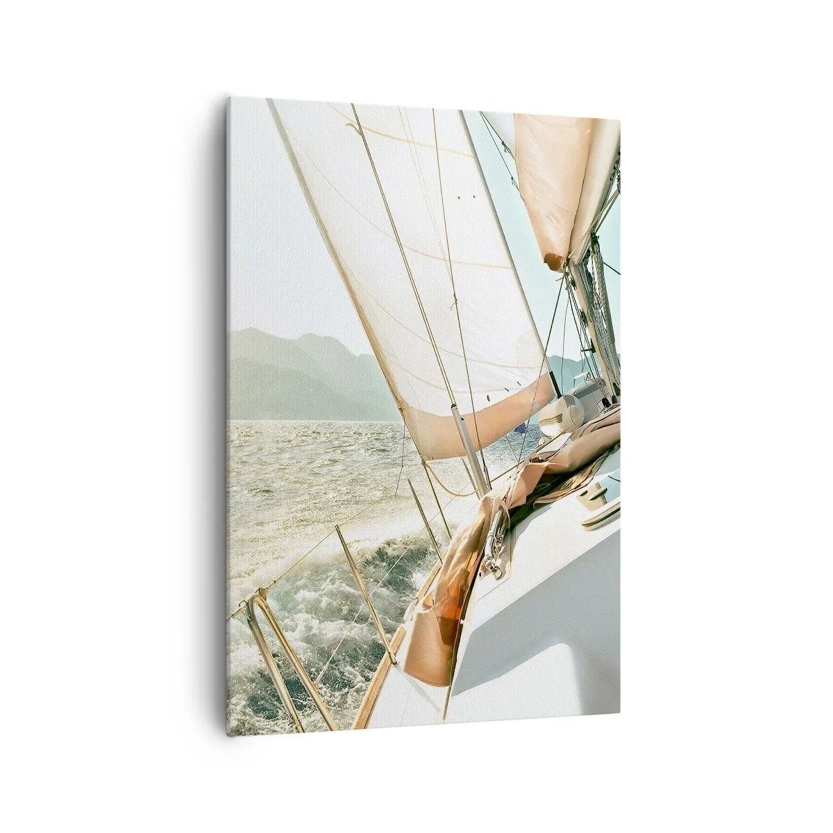 Obraz na płótnie - Jacht na otwartym morzu z widokiem na góry - 70x100cm - Pod pełnymi żaglami - Nowoczesna dekoracja ścienna do salonu i sypialni ARTTOR