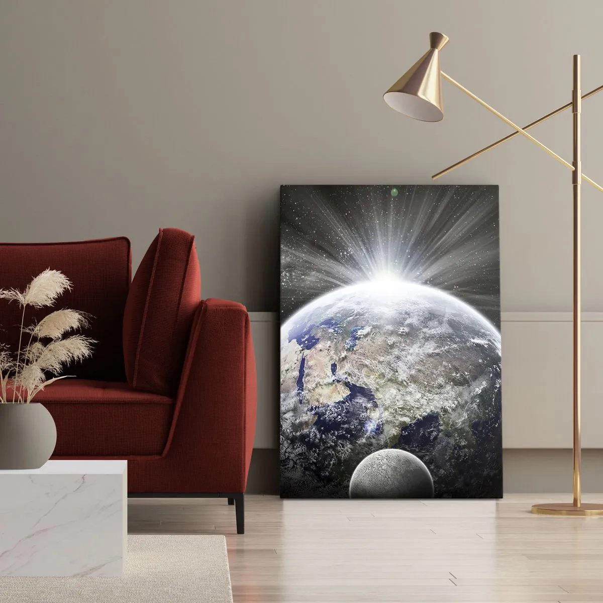 Obraz na płótnie - Ziemia i księżyc oświetlone promieniami w kosmosie - 50x70cm - W pełnym blasku - Nowoczesna dekoracja ścienna do salonu, kuchni i sypialni ARTTOR