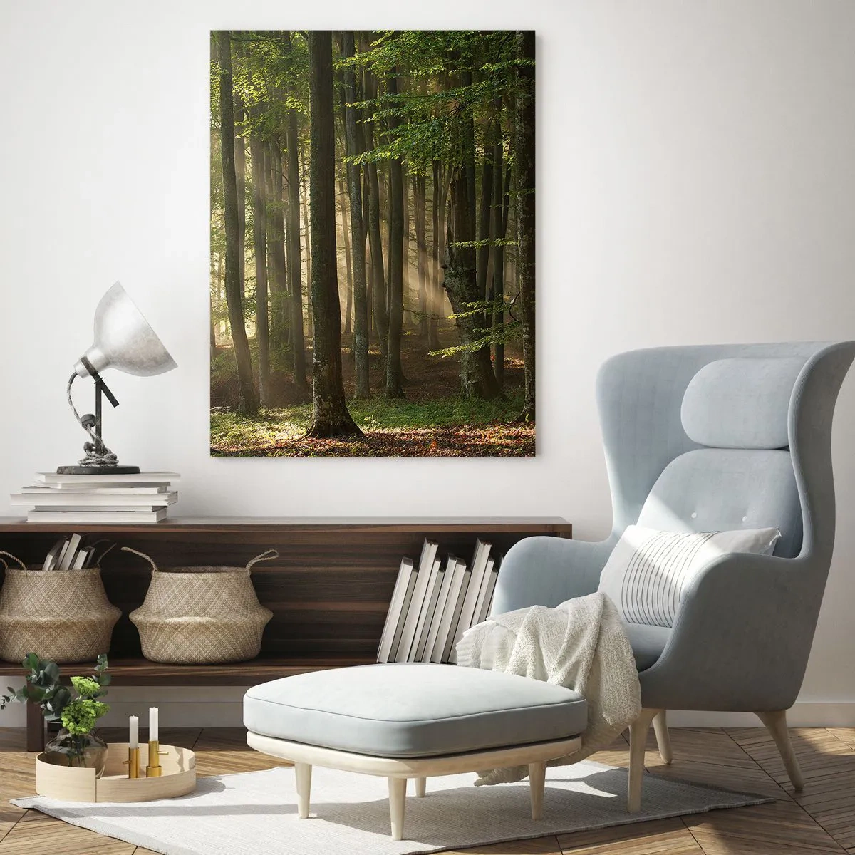 Obraz na szkle - Promienie słońca przebijające się przez drzewa w lesie - 50x70cm - Rozpromieniony w wiosenny poranek - Nowoczesna dekoracja ścienna do salonu, kuchni i sypialni ARTTOR
