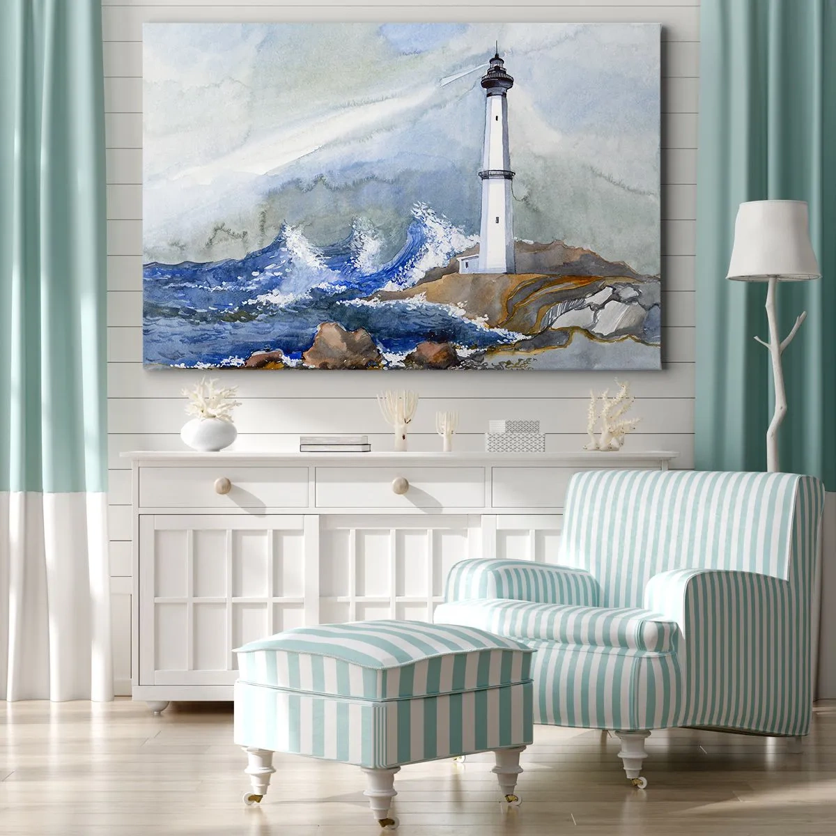 Obraz na płótnie - Latarnia morska na skalistym brzegu z wzburzonym morzem - 120x80cm - Przeciwko ciemności i nawałnicy - Nowoczesna dekoracja ścienna do salonu, kuchni i sypialni ARTTOR