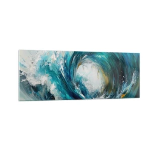 Obraz na szkle - Dynamiczna fala w odcieniach błękitu i turkusu - 140x50cm - Morski portal - Nowoczesna dekoracja ścienna do salonu i sypialni ARTTOR