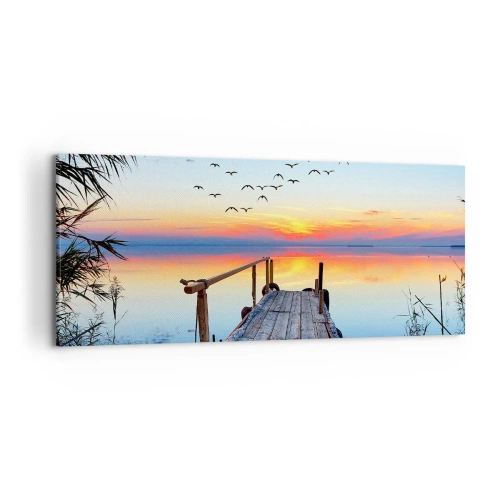 Obraz na płótnie - Drewniany pomost nad jeziorem o zachodzie słońca - 120x50cm - Pora wracać… - Nowoczesna dekoracja ścienna do salonu i sypialni ARTTOR