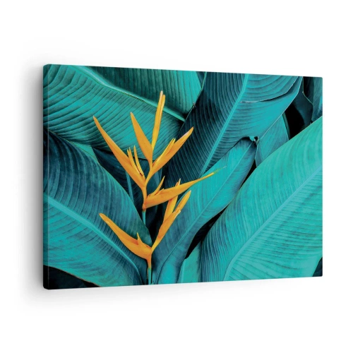 Obraz na płótnie - Egzotyczny kwiat na tle liści bananowca w turkusowych odcieniach - 70x50cm - Kwiat Edenu - Nowoczesna dekoracja ścienna do salonu i sypialni ARTTOR
