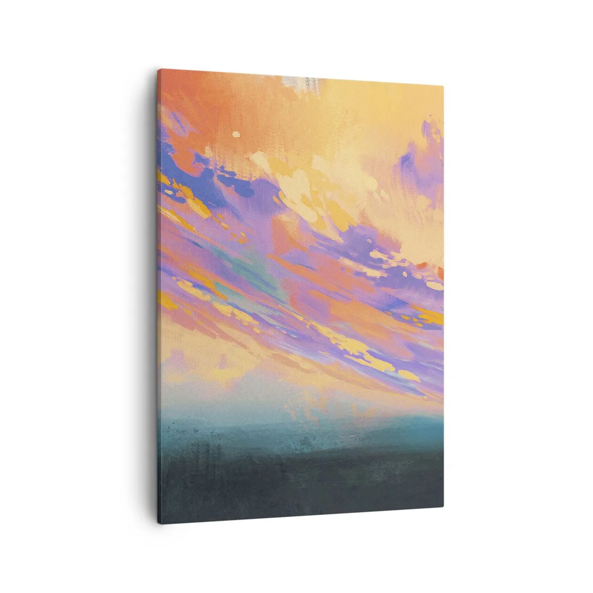 Obraz na płótnie - Abstrakcyjny zachód słońca w odcieniach fioletu, pomarańczu i błękitu - 50x70cm - Siła przyciągania - Nowoczesna dekoracja ścienna do salonu, kuchni i sypialni ARTTOR