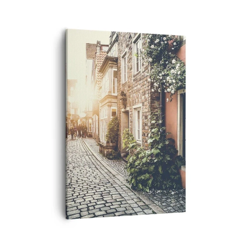 Obraz na płótnie - Urokliwa uliczka w stylu vintage - 50x70cm - Różany zaułek w różowym blasku - Nowoczesna dekoracja ścienna do salonu, kuchni i sypialni ARTTOR