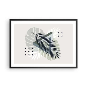 Plakat w czarnej ramie - Geometryczna kompozycja z tropikalnymi liśćmi w odcieniach zieleni - 70x50cm - Natura i geometria – dwa porządki? - Nowoczesna dekoracja ścienna do salonu i sypialni ARTTOR