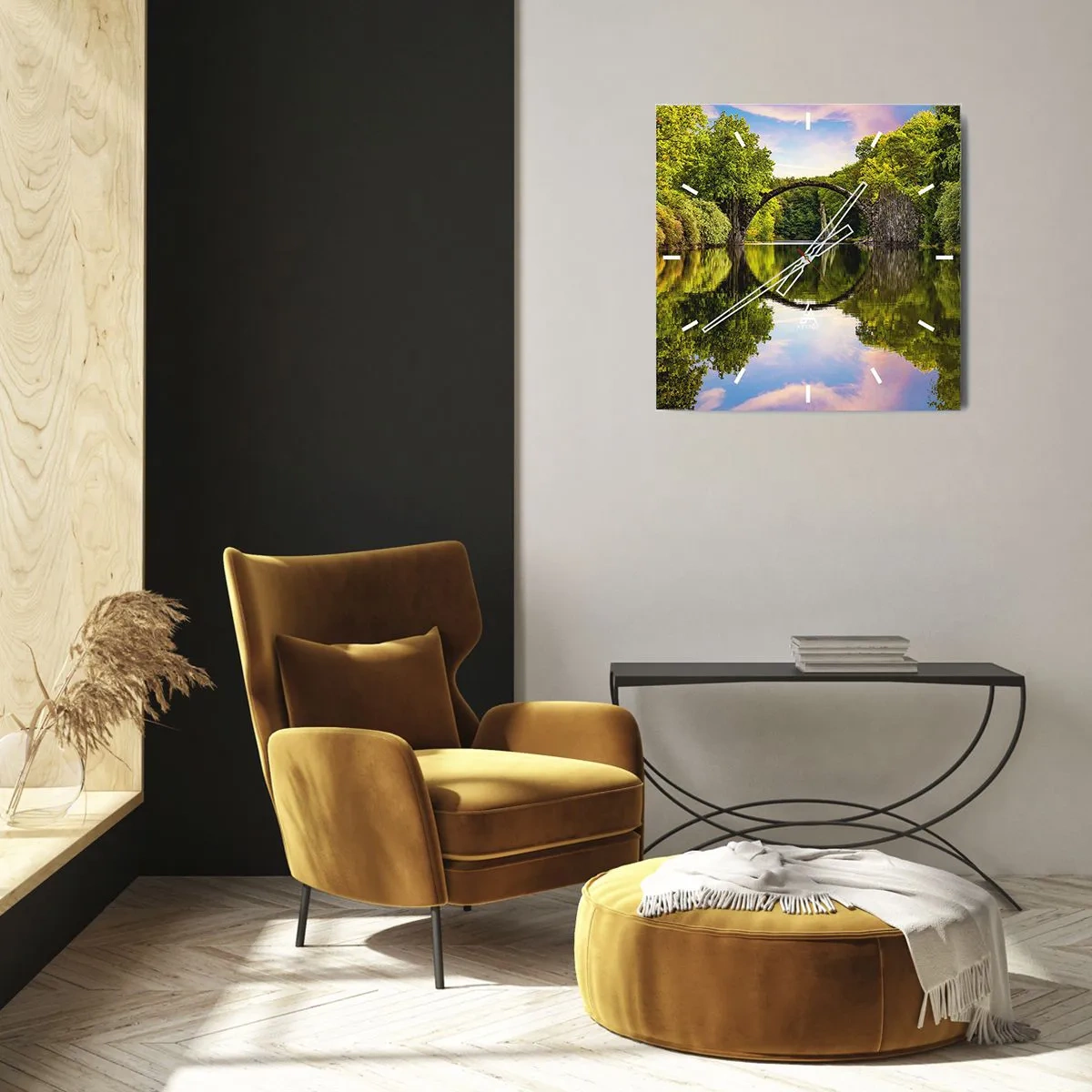 Zegar ścienny - Kamienny most nad rzeką z perfekcyjnym odbiciem w wodzie - 30x30cm - Na styku dwóch światów - Nowoczesna dekoracja ścienna do salonu i sypialni ARTTOR