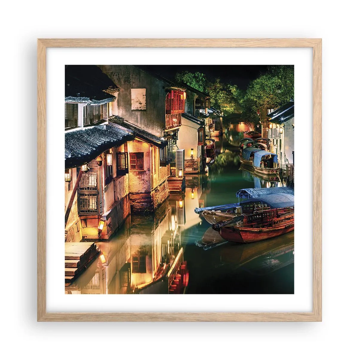 Plakat w ramie jasny dąb - Wieczór na chińskiej ulicy - 50x50 cm
