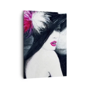 Obraz na płótnie - Stylowy portret kobiety w czarnym kapeluszu z piórami - 50x70cm - Zawsze tajemnica - Nowoczesna dekoracja ścienna do salonu, kuchni i sypialni ARTTOR