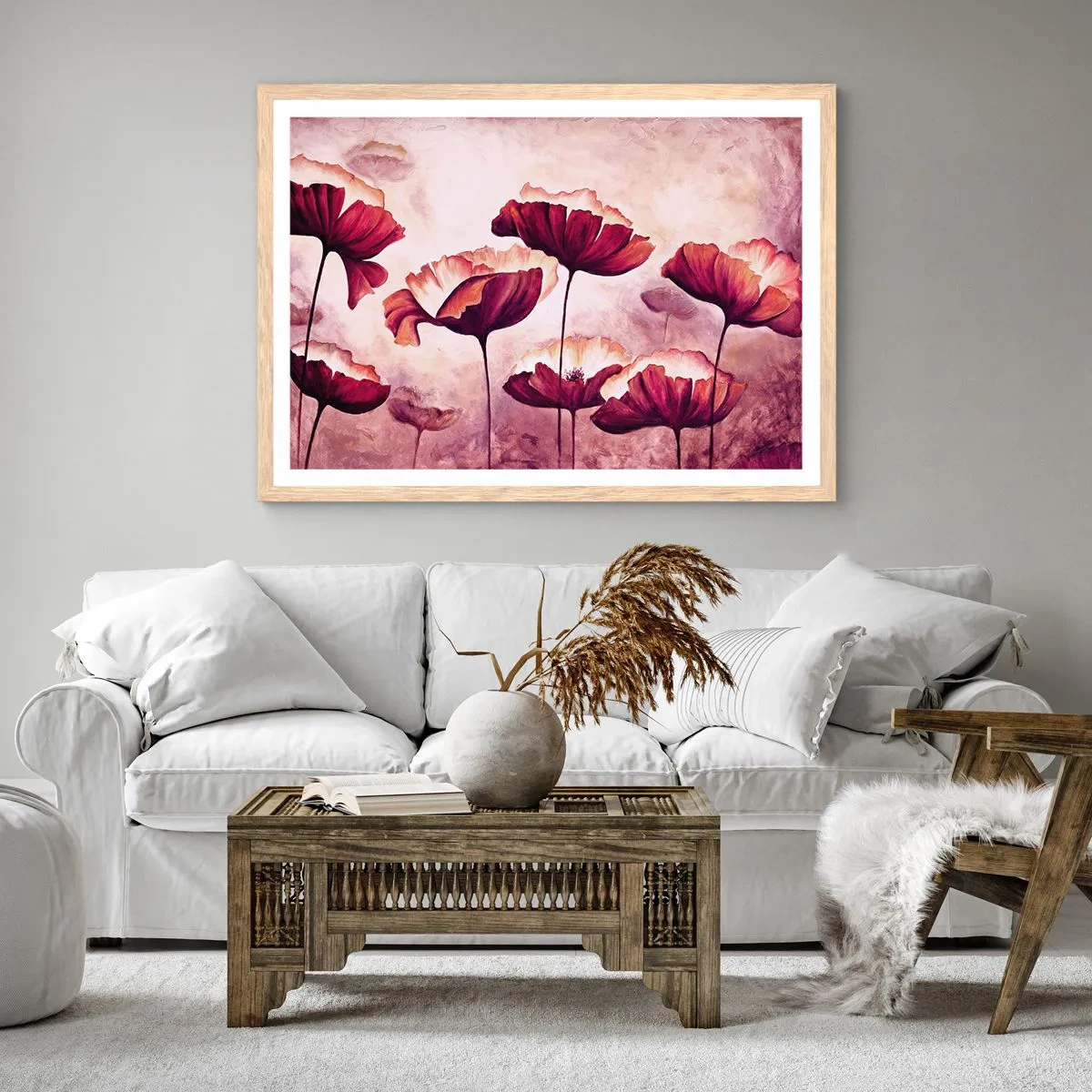 Plakat w ramie jasny dąb - Płatek czerwony i biały - 70x50 cm