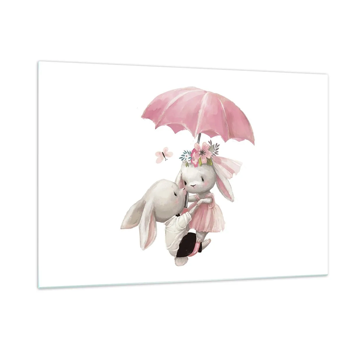 Obraz na szkle - Dwa króliki pod różowym parasolem w romantycznej scenie - 120x80cm - To właśnie miłość - Nowoczesna dekoracja ścienna do salonu, kuchni i sypialni ARTTOR