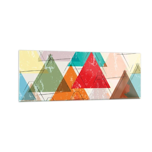 Obraz na szkle - Kolorowa abstrakcja z geometrycznymi trójkątami - 140x50cm - Trzy po trzy - Nowoczesna dekoracja ścienna do salonu i sypialni ARTTOR