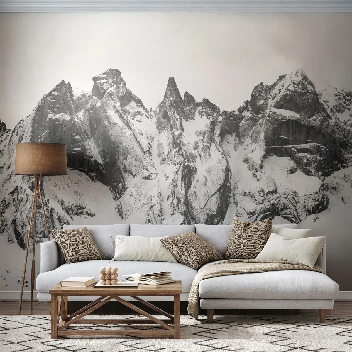 Fototapeta Premium Sand - Czarno-białe skaliste góry pokryte śniegiem - 100x70cm - Granitowa groźna grań - Nowoczesna dekoracja ścienna do salonu, kuchni i sypialni ARTTOR