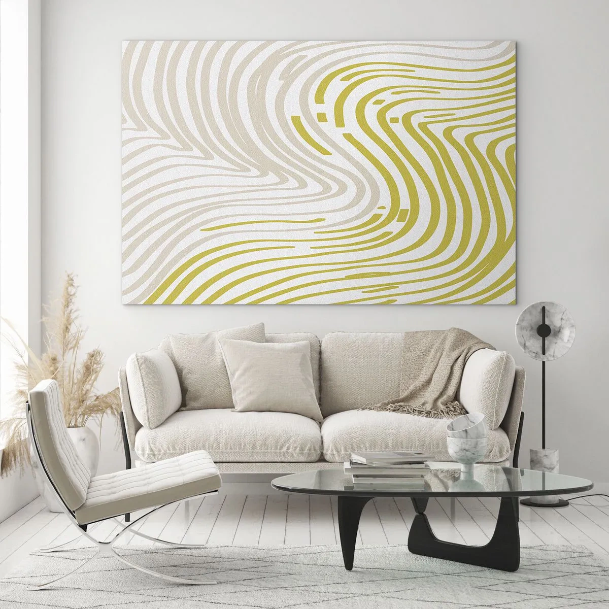 Obraz na szkle - Organiczne linie w odcieniach beżu i limonki na białym tle - 70x50cm - Kompozycja z łagodnym ugięciem - Nowoczesna dekoracja ścienna do salonu i sypialni ARTTOR