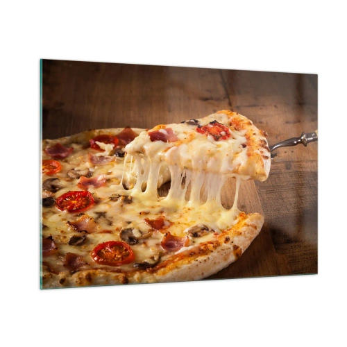 Obraz na szkle - Pizza z ciągnącym się serem, pomidorami i szynką na drewnianym tle - 100x70cm - Arcydzieło sztuki włoskiej - Nowoczesna dekoracja ścienna do salonu, kuchni i sypialni ARTTOR