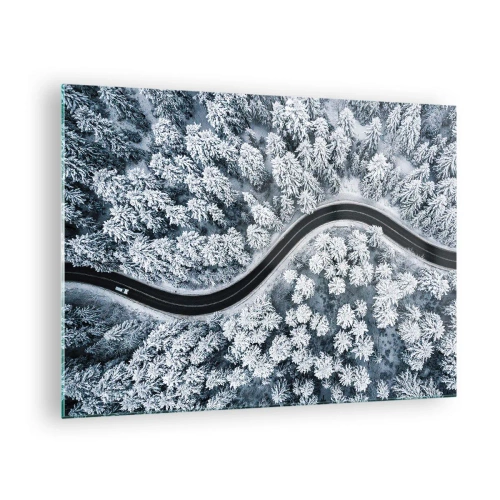 Obraz na szkle - Zakręcona droga przez zimowy las widziana z drona - 70x50cm - Przez zimowy las - Nowoczesna dekoracja ścienna do salonu i sypialni ARTTOR