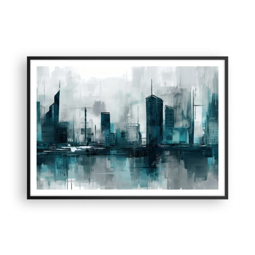 Plakat w czarnej ramie - Nowoczesne miasto w odcieniach turkusu i szarości - 100x70cm - Miasto w kolorze deszczu - Nowoczesna dekoracja ścienna do salonu i sypialni ARTTOR