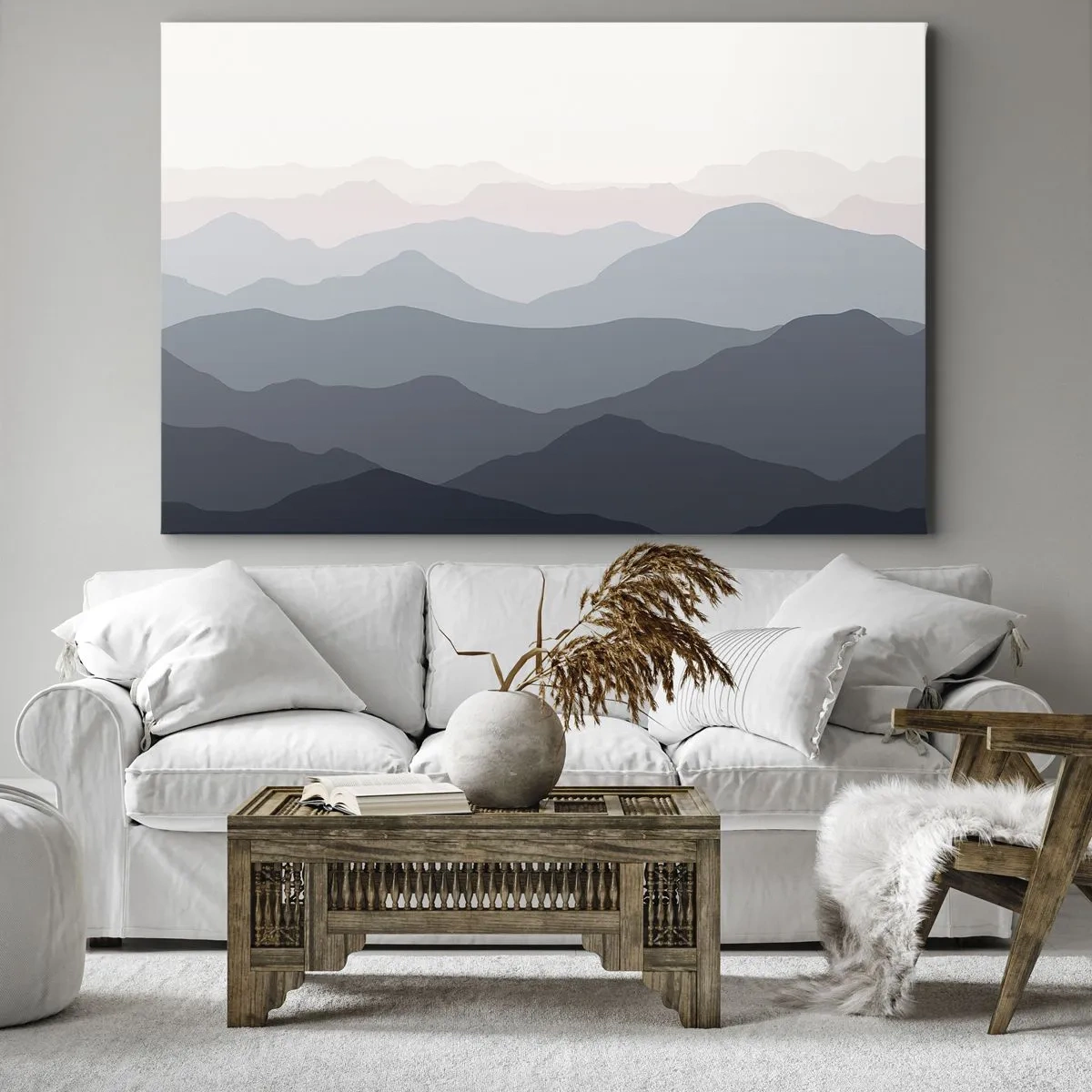 Obraz na płótnie - Subtelne warstwy gór w odcieniach szarości i błękitu - 70x50cm - Fale gór - Nowoczesna dekoracja ścienna do salonu i sypialni ARTTOR