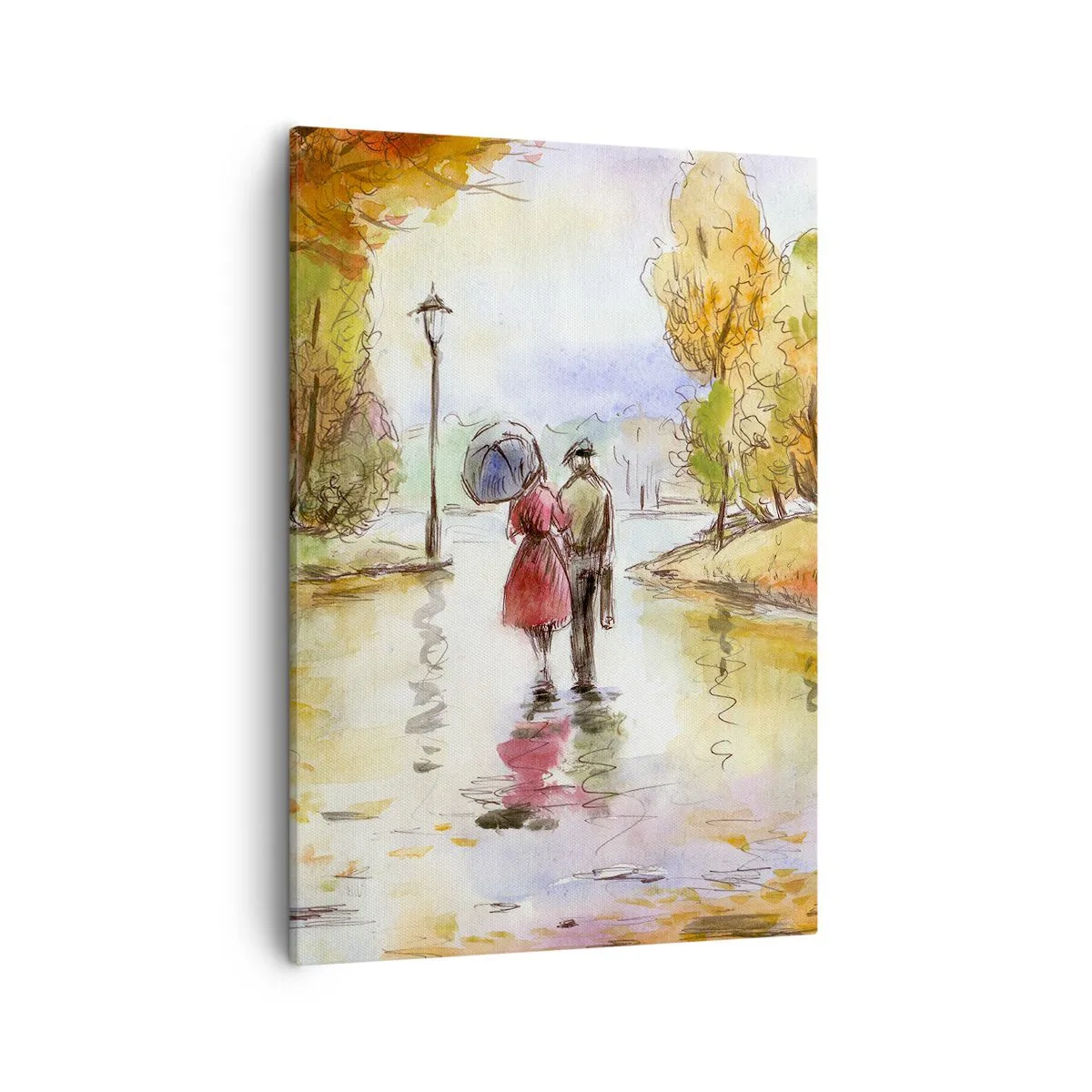 Obraz na płótnie - Romantyczny spacer w deszczu w akwarelowym stylu - 50x70cm - Romantyczna jesień w parku - Nowoczesna dekoracja ścienna do salonu, kuchni i sypialni ARTTOR