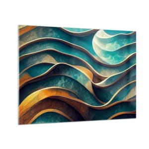 Obraz na szkle - Dynamiczne linie w błękicie i miedzi tworzące fale - 70x50cm - Meandry błękitu - Nowoczesna dekoracja ścienna do salonu i sypialni ARTTOR