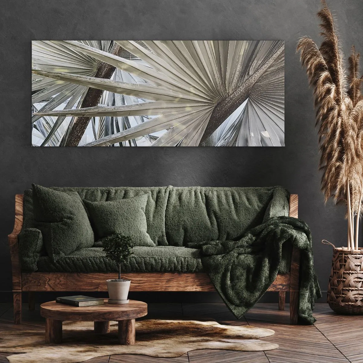 Obraz na płótnie - Liście palmowe w naturalnych odcieniach zieleni na zbliżeniu - 160x50cm - Wachlarze w tropikach - Nowoczesna dekoracja ścienna do salonu i sypialni ARTTOR