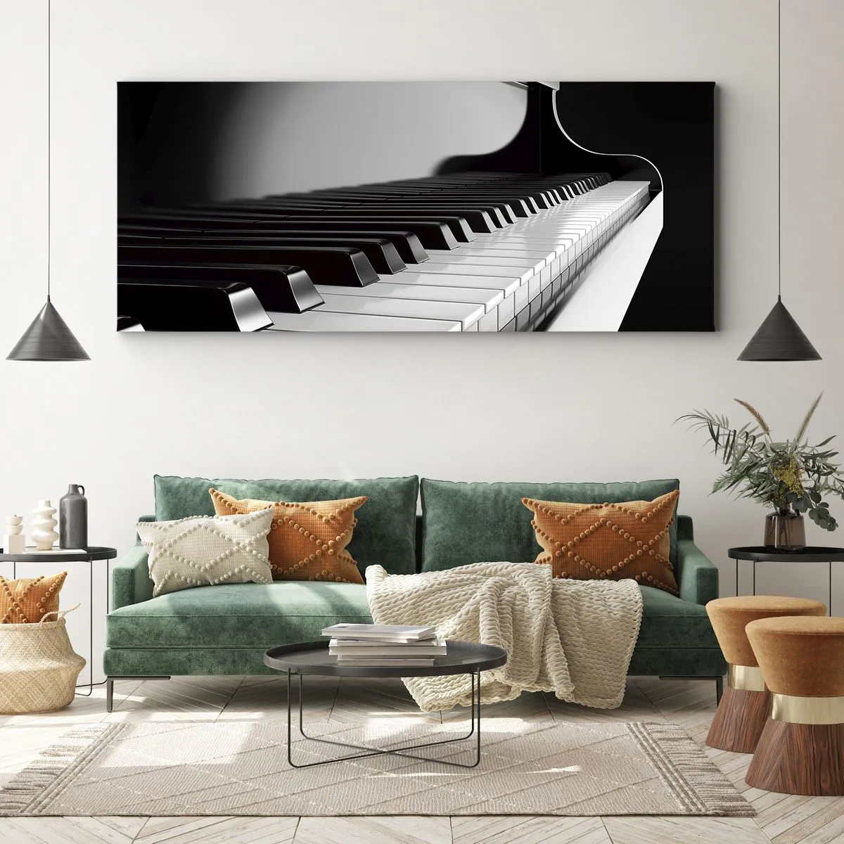 Obraz na płótnie - Fortepianowe klawisze w eleganckim czarno-białym ujęciu - 160x50cm - Harmonia kształtów i barw - Nowoczesna dekoracja ścienna do salonu i sypialni ARTTOR