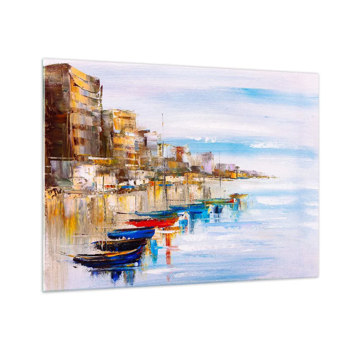 Obraz na szkle - Kolorowe łodzie cumujące przy miejskim nabrzeżu - 70x50cm - Wielobarwna miejska przystań - Nowoczesna dekoracja ścienna do salonu i sypialni ARTTOR