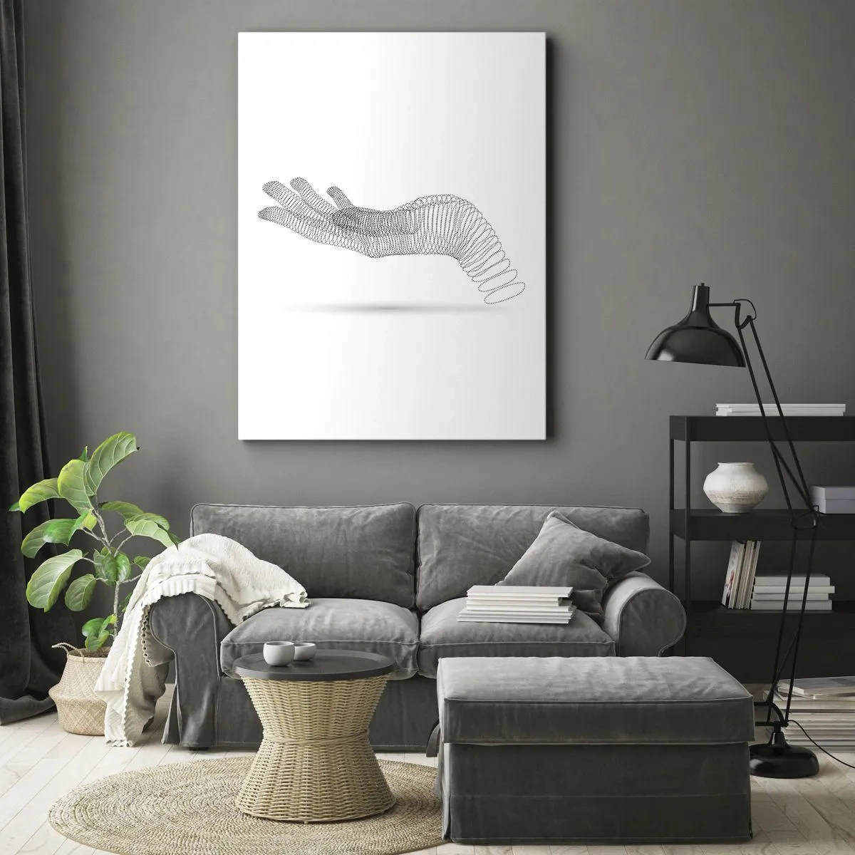 Obraz na płótnie - Minimalistyczna ilustracja dłoni stworzona z czarnych kropek na białym tle - 80x120cm - Sprężysta dłoń - Nowoczesna dekoracja ścienna do salonu i sypialni ARTTOR