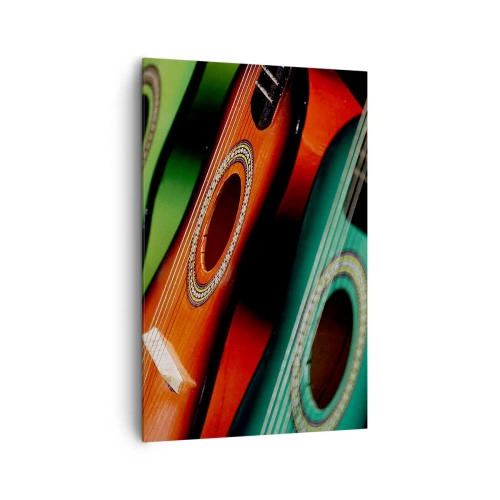 Obraz na płótnie - Kolorowe gitary w różnych odcieniach ułożone w szeregu - 80x120cm - Gitara ma wiele barw - Nowoczesna dekoracja ścienna do salonu i sypialni ARTTOR